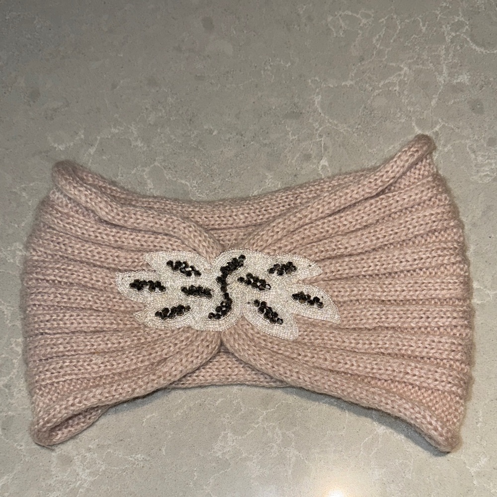 Charming Charlie Blush Knit Headband with Beaded Leaf Applique